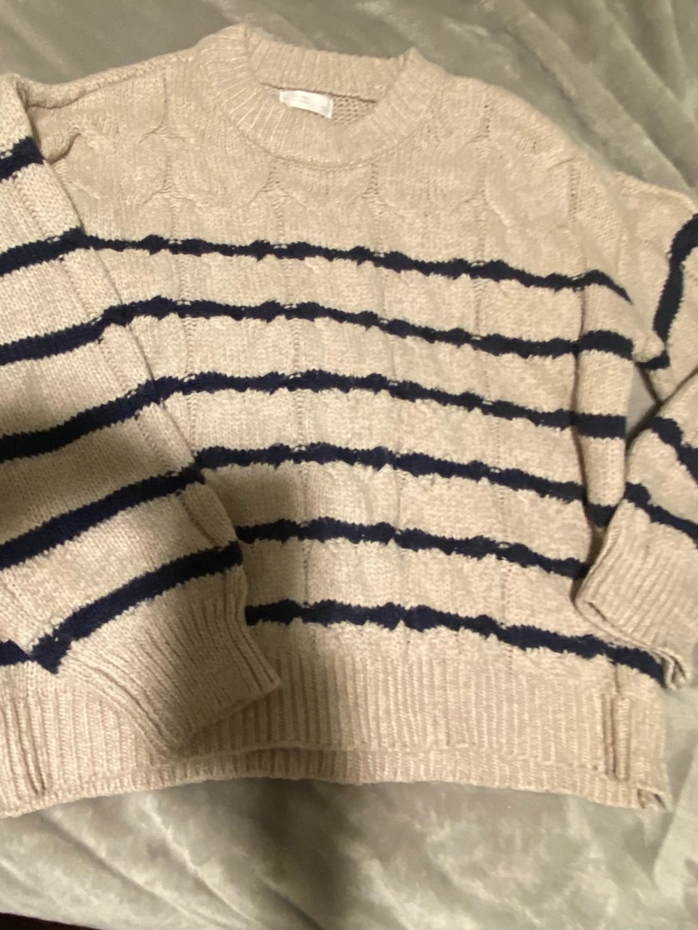 LC Lauren Conrad Beige and Navy Striped Cable-Knit Crewneck Sweater
